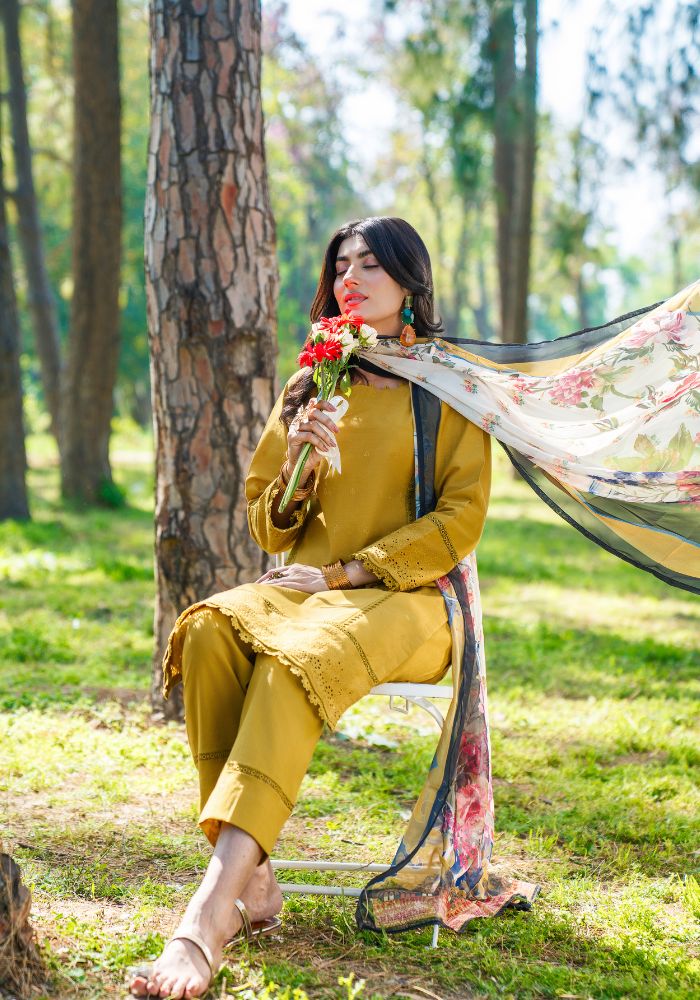 Zari Mustard Bloom – Embroidered 3-Piece Lawn Suit NLC-102
